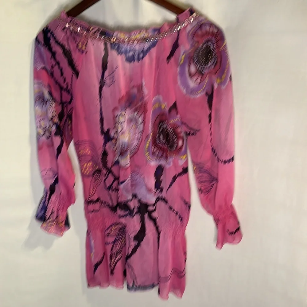 Harlow Zee Boho Beaded Pink Floral Top Blouse Small
